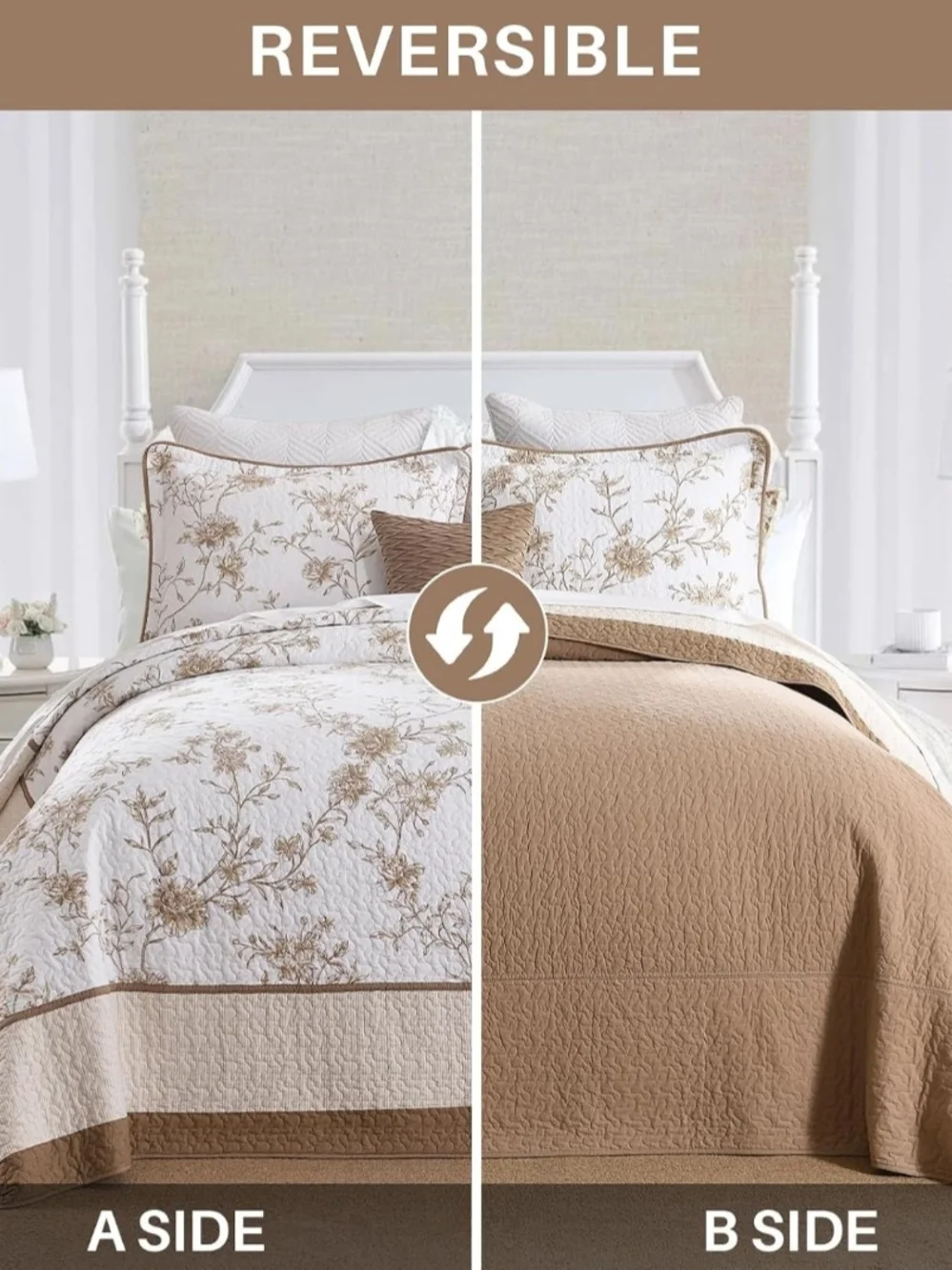 Reversible Floral Quilted 3pcs Bedding Set - Cream/Tan Beautiful